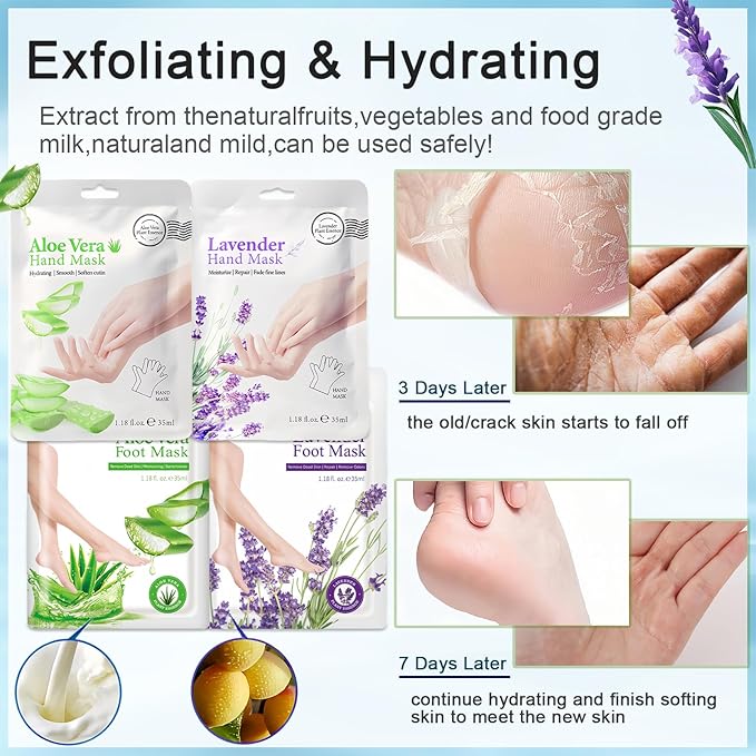 8 Pairs Hand and Feet Mask, Hand Gloves Moisturizing, Hydrating, Feet Peeling Mask for Men Women Repairing Dry, Cracked Skin, Aloe Vera & Lavender,