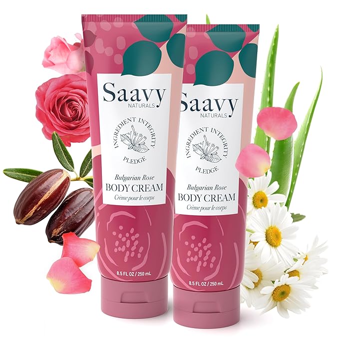 Saavy Naturals Body Cream Bulgarian Rose Plant-Based Ingredients| Made In USA | Absorbent Shea Butter Vegan Formula, Thick and Creamy Body Moisturizer, Body Lotion for Dry Skin- 8.5 Fl Oz, 2 Pack