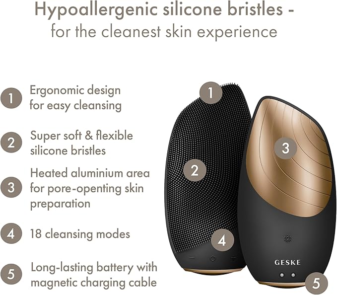 GESKE SmartAppGuided™ Sonic Thermo Facial Brush | 6 in 1 | Skin Cleansing | Cleansing Brush with Thermal Function | Facial Massager | Electric Facial Brush | Facial Cleansing Device