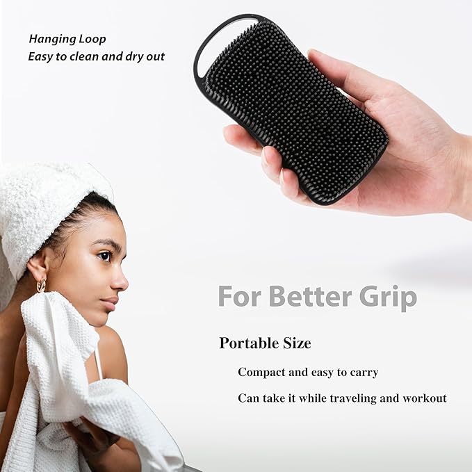 2 PC Silicone Body Scrubber, 2 in 1 Exfoliating Shower Bath Scrubber, Soft Silicone Loofah for Sensitive Skin, Shower Hair Scalp Massager, Easy to Clean, Lather Well (Grey&Black)