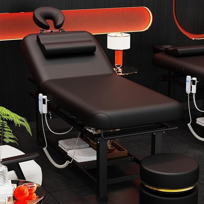 pouseayar Heavy Duty Electric Stationary Massage Table with Heating Function, Backrest Adjustable and Storage Space for Treatment/Medical Spa/Facial/Beauty/Massage Bed - 30 x 75 - Black