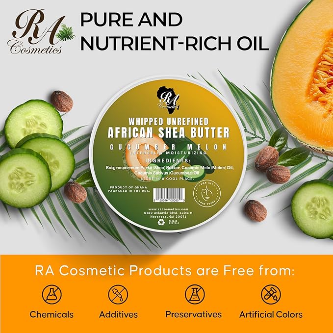 RA COSMETICS Whipped Shea Butter Cucumber-Melon - 12oz | 100% Pure & Natural African Shea Butter for Men & Women - Ultimate Handcrafted Moisturizer with Essential Vitamins for Radiant Skin