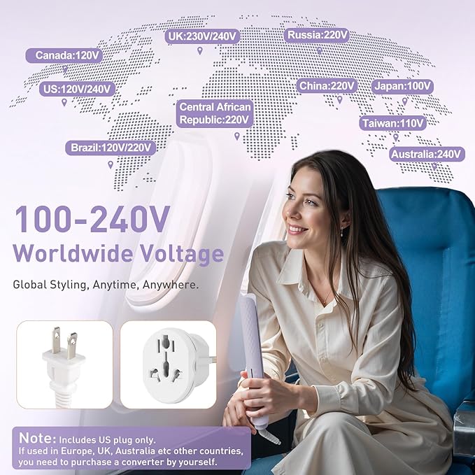 Quico Hair Straightener, 110-240V Global Travel Hair Straighteners for women, 15s Fast Heating, Professional Negative Ion Flat Iron, Temp Memory, 320℉-450℉, Auto-Off, with Glove and Clips, Gift, Lilac