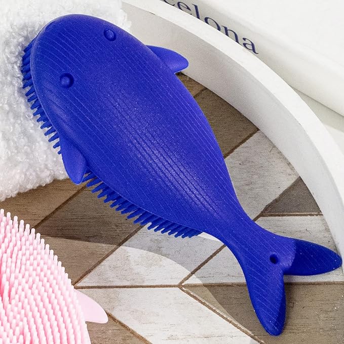 Premium Sensory Brush for Kids or Autism,Soft Silicone Body Scrubber,2 in 1 Sensory Room Occupational Therapy Sensory Brushes,Silicone Loofah,Pet Shower Brush Bath Brush Shampoo Brush(Whale-Blue)