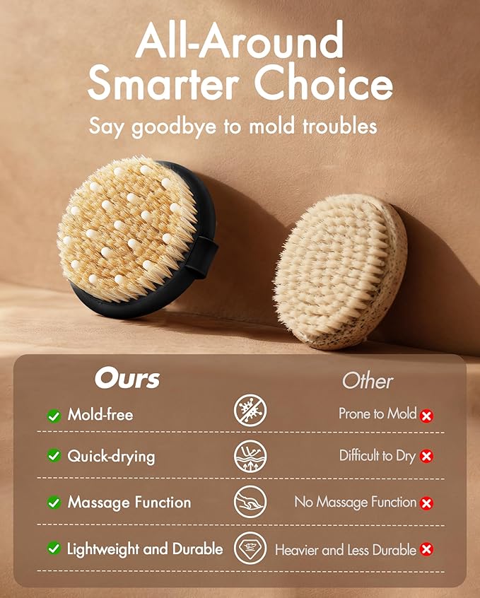 Dry Brushing Body Brush for Massage - Natural Boar Bristle Exfoliating Brush with Massage Nodes for Lymphatic Drainage, Cellulite, Blood Circulation Improving Skin Health for Women Men Elderly(Black)