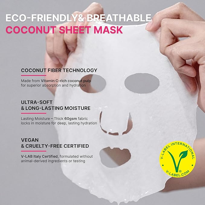 Toning Active Mask – Brightening, Hydrating&Soothing Face Mask with Tranexamic Acid & Hyaluronic Acid, Sheet Mask with Coconut Fiber, Gentle for Sensitive Skin, Korean Skin Care, Vegan, 5EA