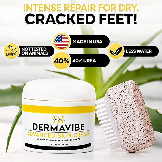 Premium 40% Urea Cream For Feet - Made In USA - Maximum Strength with Pumice Stone & Brush | Tested by Doctors | Intense Moisturizer & Corn, Callus and Dead Skin Remover, Dermavibe by DOCTOR'S INC.