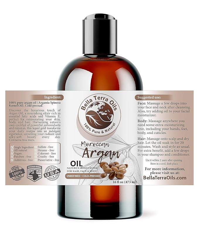 Bella Terra Oils - Argan Oil 16oz - Unrefined & Pure, Unlock the Magic of Moroccan Argan, Immerse in Natural Hair & Skin Nourishment