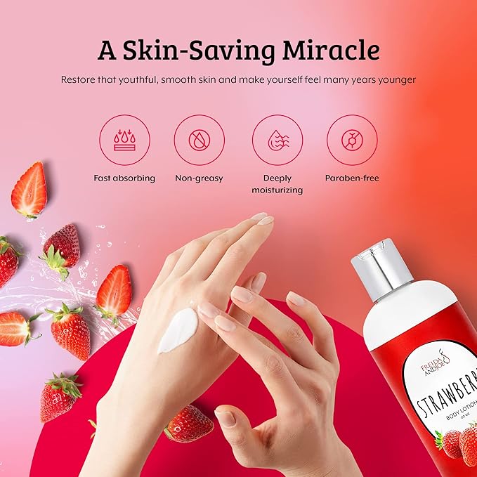 Home Spa Gift 10oz Deep Moisturizing Fragrance Body Lotion & 8 oz. Fine Fragrance Body Mist Set Luxury Self-Care Combo for Women and Girls (Strawberry)