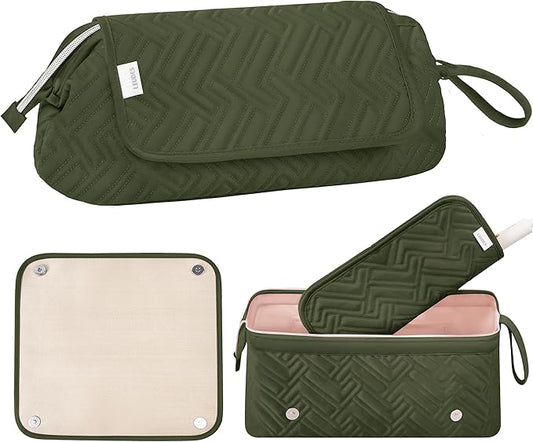 Leudes Hair Tools Travel Bag for Women Heat Resistant Mat for Travel Essentials Hot Tools Straighteners,Flat Irons,Curling Iron,Hot Air Brushes and Hair Dryer Organizer Bags 2 in 1 (Army GreenA)