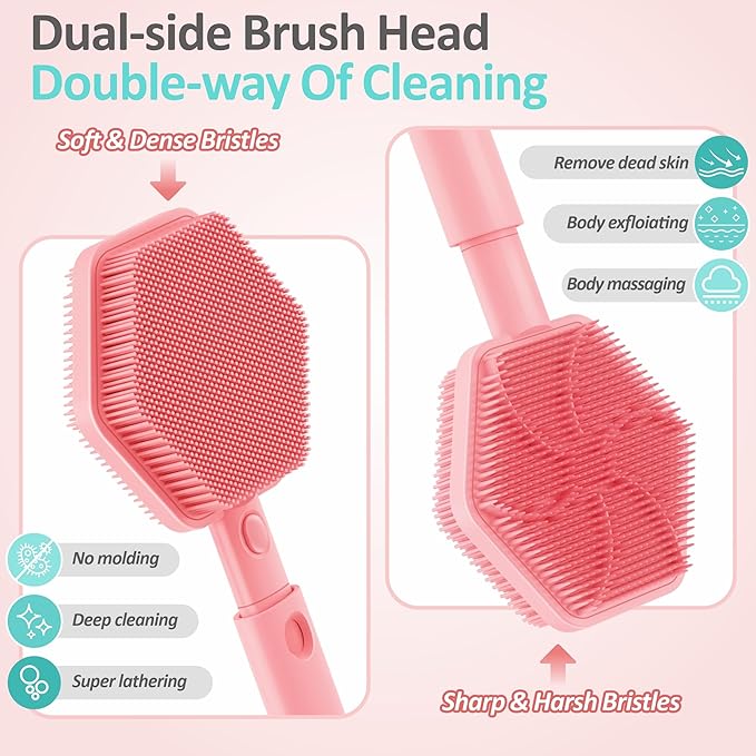 Silicone Back Scrubber & Soft Bath Glove 2PCS, 16''- 21''Extendable Back Scrubber with Dual-Side Large Head, 360° Anti-Slip Hand-fit Silicone Body Scrubber for Rich Foaming Deep Cleaning(Pink)