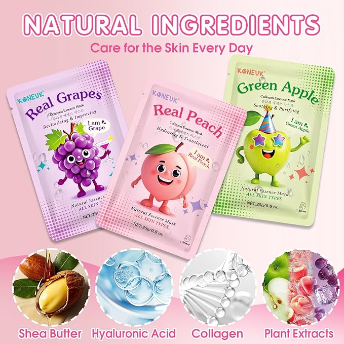 14 Pack Fruit Face Masks Skincare for Kids, Sheet Hydrating Facial Mask for All Skin Types, Bulk Collagen Face Mask for Women Skin Care, Birthday Party Spa Gifts for Teens Girls