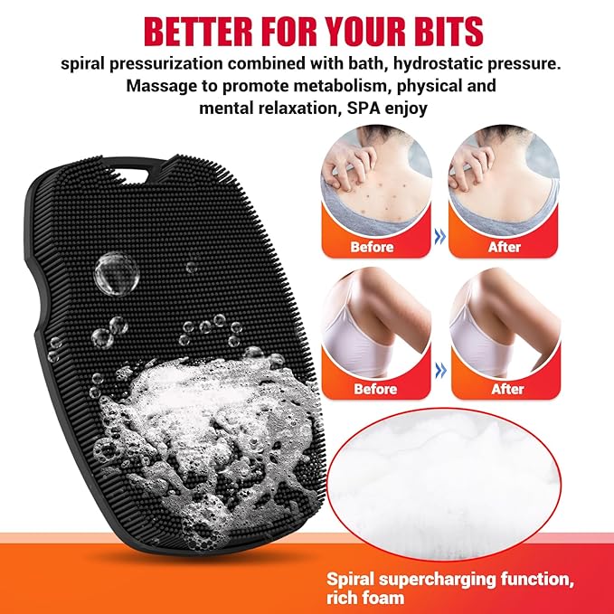 Silicone Body Scrubber - Anti Zinc Infused-Highly Elastic Bristles Exfoliating Body Scrubber for Shower Body,Cellulite Reduction,Blood Circulation- Black