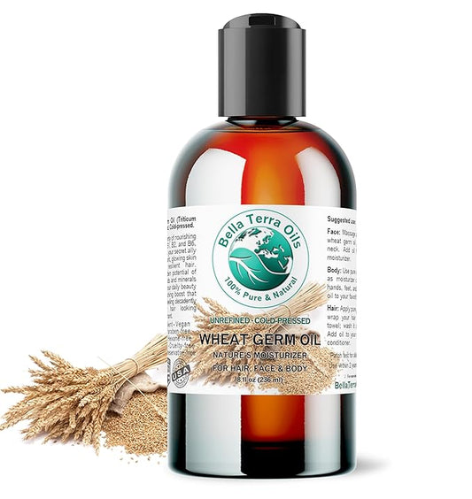 Bella Terra Oils - Organic Wheat Germ Oil 8 oz - Premier Vitamin E Oil for Face, Unveiling Beauty with Vitamin C, Natural Source of Vitamin E for Skin Care