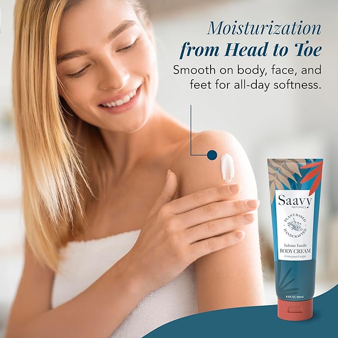 Body Cream Tahitian Vanilla Saavy Naturals, Clean Plant-Based Ingredients-Made In USA - Absorbent Shea Butter Vegan, Thick and Creamy Body Moisturizer, Body Lotion for Dry Skin- 8.5 Fl Oz