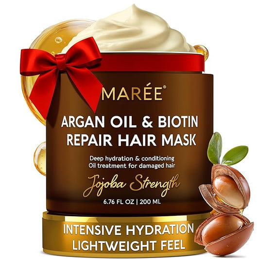 MAREE Deep Conditioning Hair Mask for Damaged Hair – Argan Oil & Biotin Jojoba Hair Treatment – Hair Repair Mask for Dry, Curly, Frizzy Color-Treated Hair Care – Mascarilla Para el Cabello Hidratante