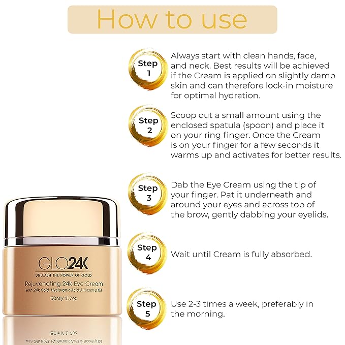 GLO24K UNLEASH THE POWER OF GOLD Complete Eye Care Set with our 24k Instant Facelift Cream, Eye Treatment Cream, and Eye Serum. Skin Serum Formulated to Treat the Delicate Skin around the Eyes