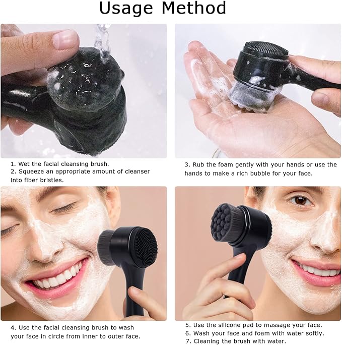 Face Brush 2 in 1, Facial Cleansing Exfoliating Scrubber Brush, Silicone Double Side Manual Face Wash Scrub Brush with Soft Bamboo Charcoal Fiber for Deep Pore Cleansing, Massaging, Skin Care