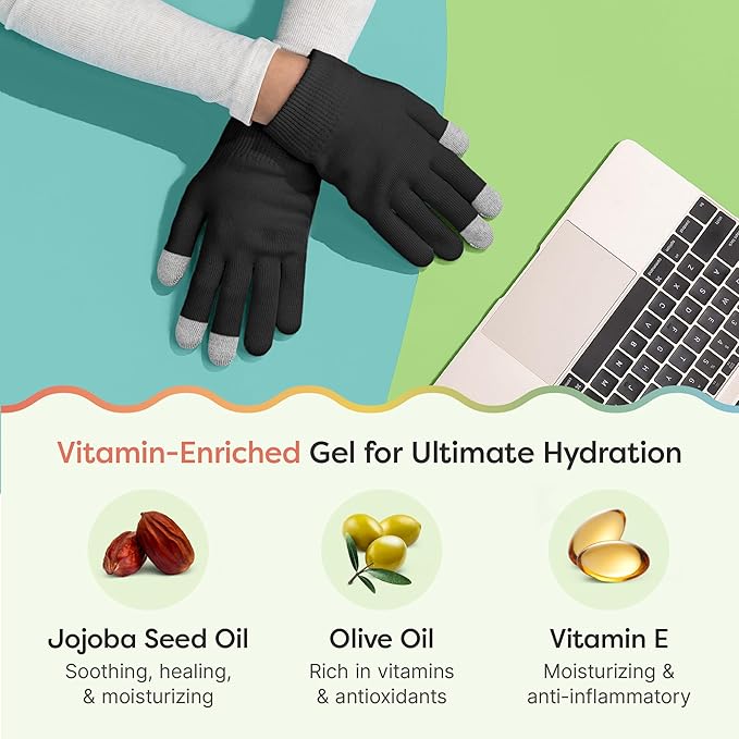 ZenToes Moisturizing Gloves for Dry Hands, Gel Infused with Jojoba Seed Oil, Olive Oil and Vitamin E, Overnight Hand Moisturizer (Large, Cotton Black)