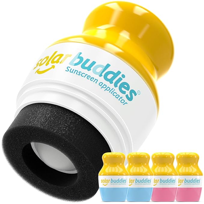 Solar Buddies Sunscreen Applicator - Blue & Pink Quad - BPA-Free Refillable Roll on Sponge Sunscreen, Suncream & Lotion Applicator For Kids, Adults & Families - Holds 3.4fl oz, Perfect Size for Travel
