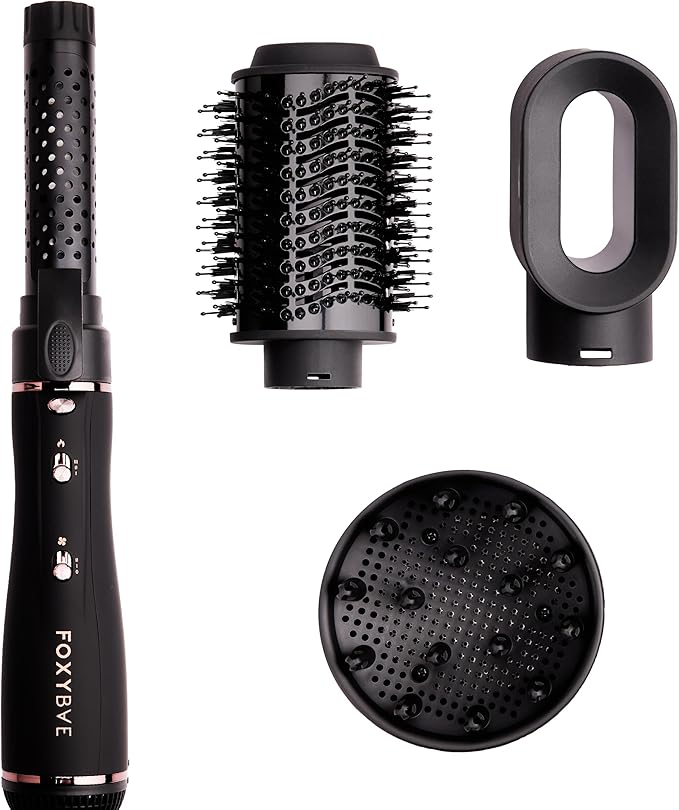 Foxybae Super Styler – 4-in-1 Blow-Dryer Brush Set - Diffuser, Blowout-Brush, 1.25” Curling Barrel & Drying Cylinder - Voluminous, Frizz-Free Hair - Dryer, Straightener & Curler (Black Rose-Gold)