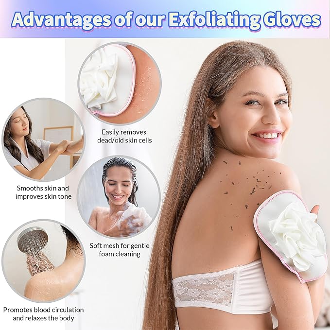 Deep Exfoliating Glove for Shower 2PCS: 1 Double-Sided Mitt, 1 Extra Long Exfoliating Washcloth - Extreme Body & Back Scrubber for Shower, Massage Scrub Exfoliator & Bath Loofah Sponge (Pink)