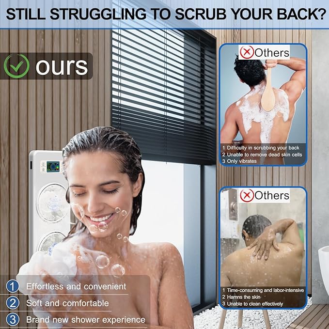 Wall Mounted Shower Back Scrubber, Electric Dry Brushing Body Bush with 3 Speed Adjustment and 3 Adjustable Levels, IPX7 Waterproof Shower Brush for Body with Intelligent Display Screen