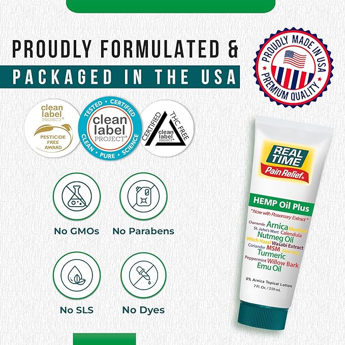 Real Time Pain Relief Hemp Oil Plus 7 oz Tube | 20 Natural Ingredients: 5% Arnica, Turmeric & More | Fast-Absorbing Lotion for Muscles, Hands, Feet, Ankles, Back, Shoulders & Knees
