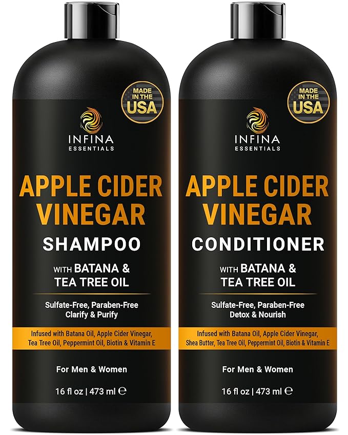 Apple Cider Vinegar Shampoo and Conditioner Set | 16 fl oz Each | with Batana Oil, Biotin & Tea Tree | Clarifying, Detoxifying & Moisturizing Formula | Promotes Hair Growth & Shine