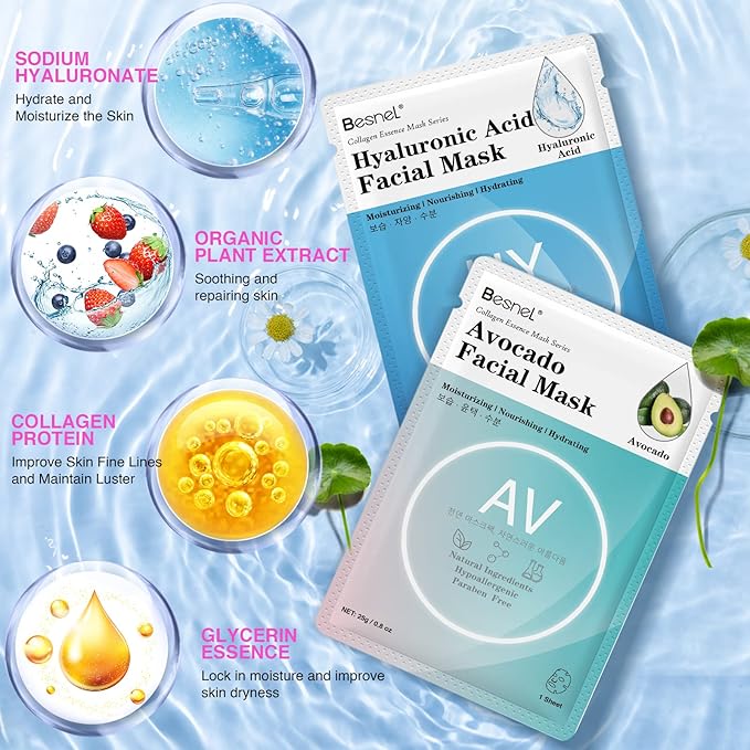 48 Packs Collagen Sheet Facial Masks,Plant Extract and Sodium Hyaluronate,Effective Care for All Skin Types,Skincare Spa Korean Face Mask