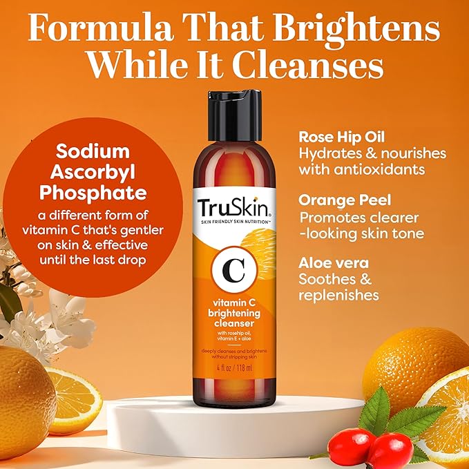 TruSkin Vitamin C Cleanser for Face - Brightening Face Wash with Vitamins C & E, Rosehip Oil, Aloe Vera and MSM - Deep Clean and Refresh for Radiant, Healthy-Looking Skin, 4 fl oz