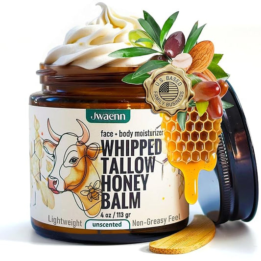 Beef Tallow for Skin – Whipped Tallow and Honey Balm, Grass Fed Beef, Face Moisturizer for Dry and Sensitive Skin, Natural and Nourishing Body Butter, 4 oz
