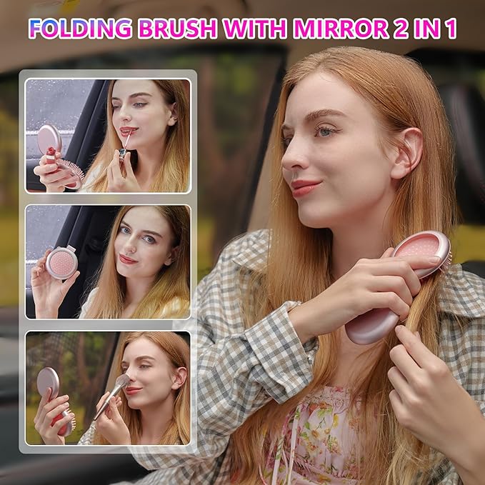 LCD Screen Cordless Hair Straightener Curler 2 in 1, Portable Mini Hair Straightening Brush for Travel Negative Ionic Fast Heating Hot Comb for Women, Folding Brush with Mirror, Pink