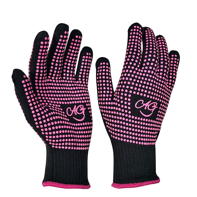 ANGENIL 2 Pcs Heat Resistant Gloves with Silicone Bumps, Heat Gloves for Hot Hair Styling, Professional Heat Proof Glove Suitable for Flat Iron Hair Straightener, Curling Wand and Thermal Brush, Pink