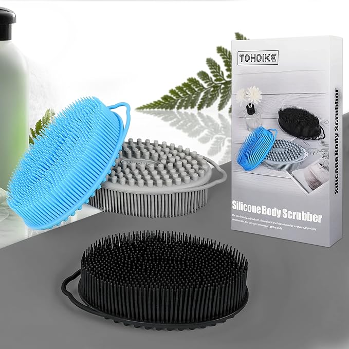 Set of 3 Silicone Body Scrubber Loofah Soft Exfoliating Body Bath Shower Scrubber Loofsh Brush (Black+Gray+Blue 010)