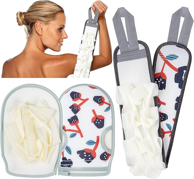 Deep Exfoliating Mitt 2PCS: Double-Sided Glove for Shower, with Long Exfoliating Shower Towel - Extreme Body & Back Scrubber Exfoliator, Body Massage Scrub & Bath Shower Loofah Washcloth (Blue)