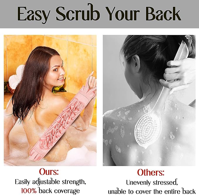 Deep Exfoliating Glove for Shower Double-Sided Mitt, with Extra Long Exfoliating Washcloth - Extreme Body & Back Scrubber for Shower, Massage Scrub Exfoliator & Bath Loofah Sponge (2-Pink)