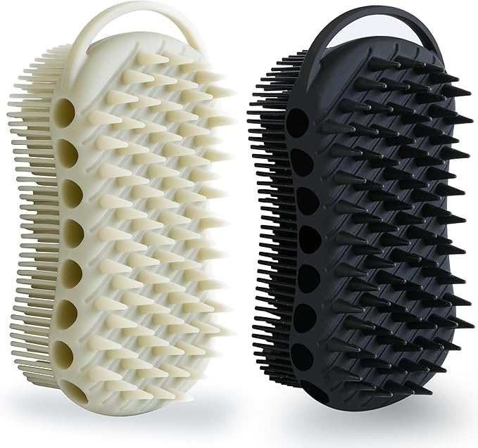 MtBoi 2PC Double-Sided Exfoliating Silicone Body Scrubber, 2-in-1 Bath Scrubber, Shampoo Brush, Silicone Loofah for All Skin Types, Shower Body Scrubber, Easy to Clean, Lather Well (Black&Gray)