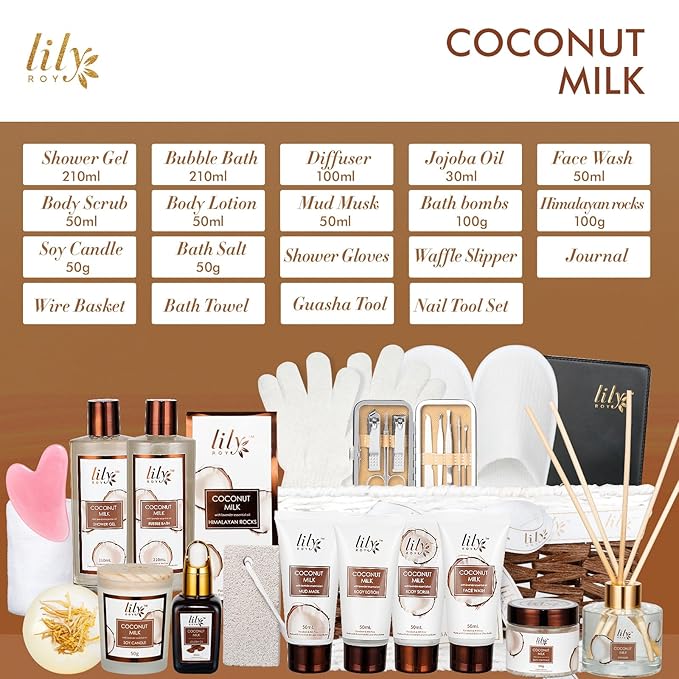Coconut Vanilla Spa Gift Set for Women Christmas Gifts - Luxurious 28-Piece Body Care Collection, Moisturizing Bath & Body Basket Gift Set for Mother's Day, Birthday, Self Care Gift