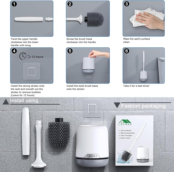 Lefree 3 Pack Silicone Toilet Brush,Rubber Toilet Bowl Brush and Holder Set with Ventilated Holder, Toilet Cleaner Brush for Bathroom,Floor Standing & Wall Mounted Toilet Scrubber Without Drilling