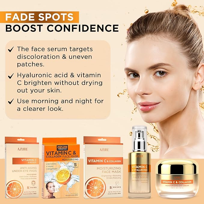 Azure Vitamin C Skincare Bundle: Dermatologist-tested Face Moisturizer, Under Eye Pads, Collagen Masks & Serum. Hydrates, firms, and reduces dark spots for glowing, youthful skin. Made in Korea