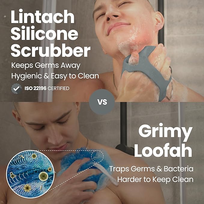 Silicone Shower Scrubber for Body – Exfoliating Loofah Alternative, Silver-Infused & Hygienic, Gentle for Sensitive Skin, Durable & Long-Lasting Body Scrubber for Men - Gray