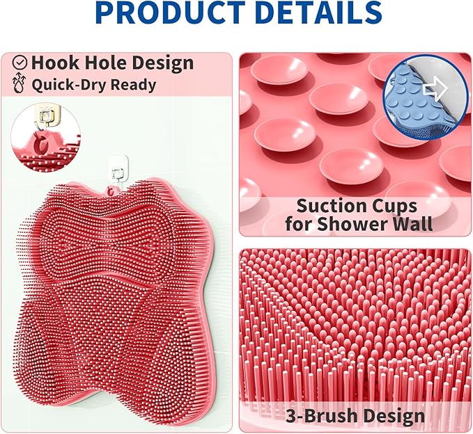 Show Foot Scrubber Mat & Silicone Back Scrubber with Butterfly Form Design,3 Brush Designs for Deep Cleaning Shower Foot Scrubber Mat, Wall Mounted Back Scrubber Silicone Bath(Pink)