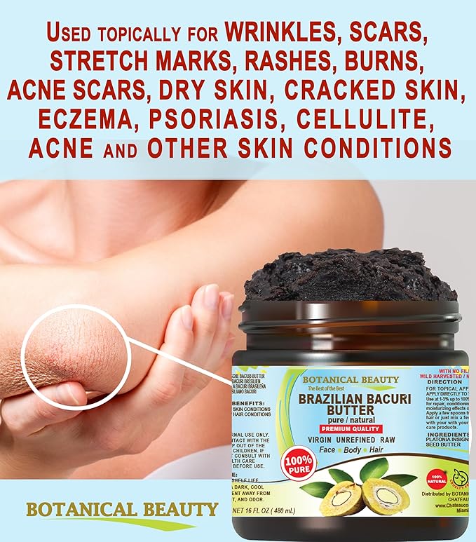 Botanical Beauty Brazilian BACURI BUTTER 100% Pure Natural VIRGIN UNREFINED for FACE, SKIN, BODY, HAIR, NAILS Skin Moisturizer Butter, Skin Nourishing Butter (16 Fl Oz)