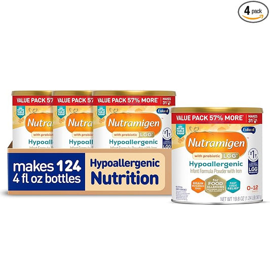 Enfamil Nutramigen Hypoallergenic Baby Formula with Iron, Lactose Free, Colic Relief from Cow's Milk Allergy Starts in 24 Hours, Brain Building DHA, Probiotic LGG for Immune Support, 19.8 Oz, 4 Count