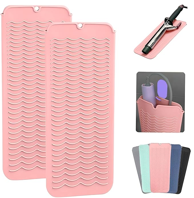 2 Pcs Professional Silicone Heat Resistant Mat Pouch for Curling Iron, Flat Iron and Other Hot Tools, Portable Travel Mat and Cover for Hair Styling Tools with Hanging Hole (2PCS Pink)