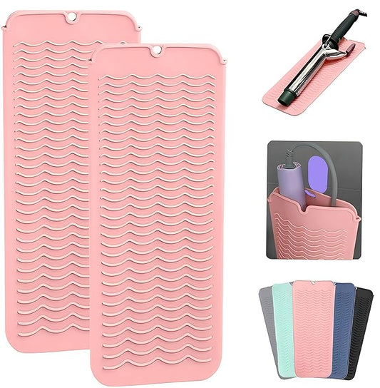 2 Pcs Professional Silicone Heat Resistant Mat Pouch for Curling Iron, Flat Iron and Other Hot Tools, Portable Travel Mat and Cover for Hair Styling Tools with Hanging Hole (2PCS Pink)
