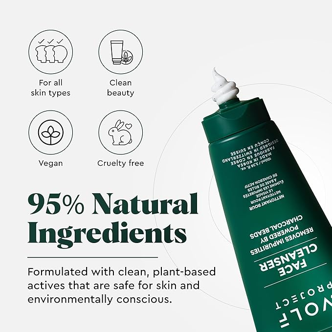 Wolf Project Activated Charcoal Beads Korean Face Wash - Charcoal Face Cleanser with Oil Control Prevents Acne, Deeply Cleanses, Hydrates and Moisturizes Skin. Natural Facial Cleanser