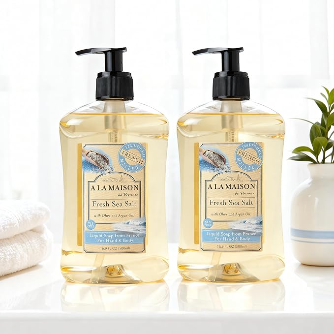 A LA MAISON de Provence Fresh Sea Salt Liquid Hand and Body Soap (Pack of 2) With Olive Oil, Coconut Oil and Vitamin E, 16.9 fl oz Each