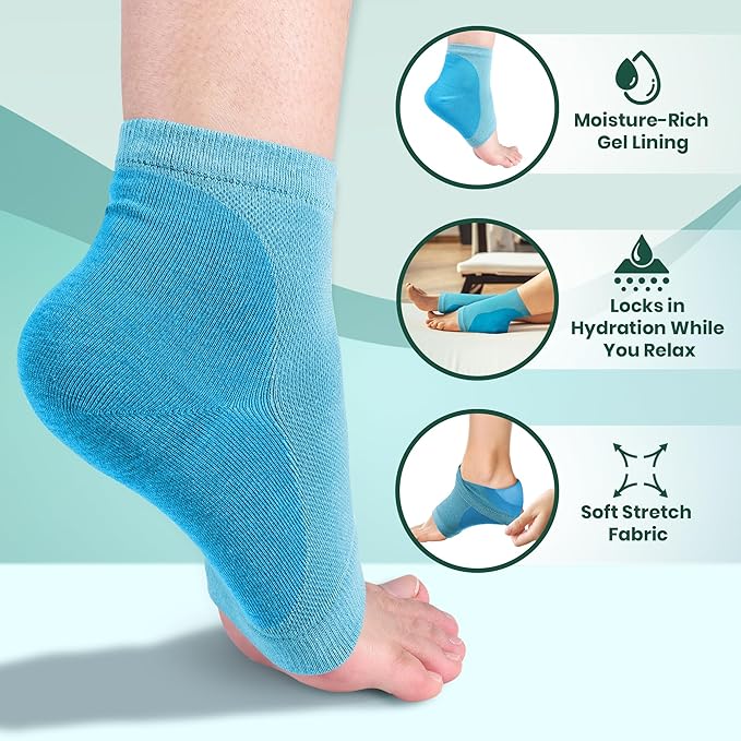 Moisturizing Heel Socks for Cracked Heels - Gel Socks for Dry Cracked Feet Repair - Silicone Socks for Women’s Foot Treatment & Overnight Hydration (Turquoise, 2-Pair)